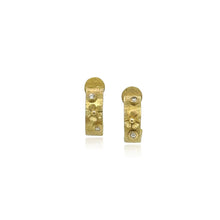 Hand-fabricated, half round hoop earrings in 18k yellow gold with flowers and white diamonds,0.04cttw, and post backs. Earrings are 7/16" in diameter (11mm) and are 4mm wide.