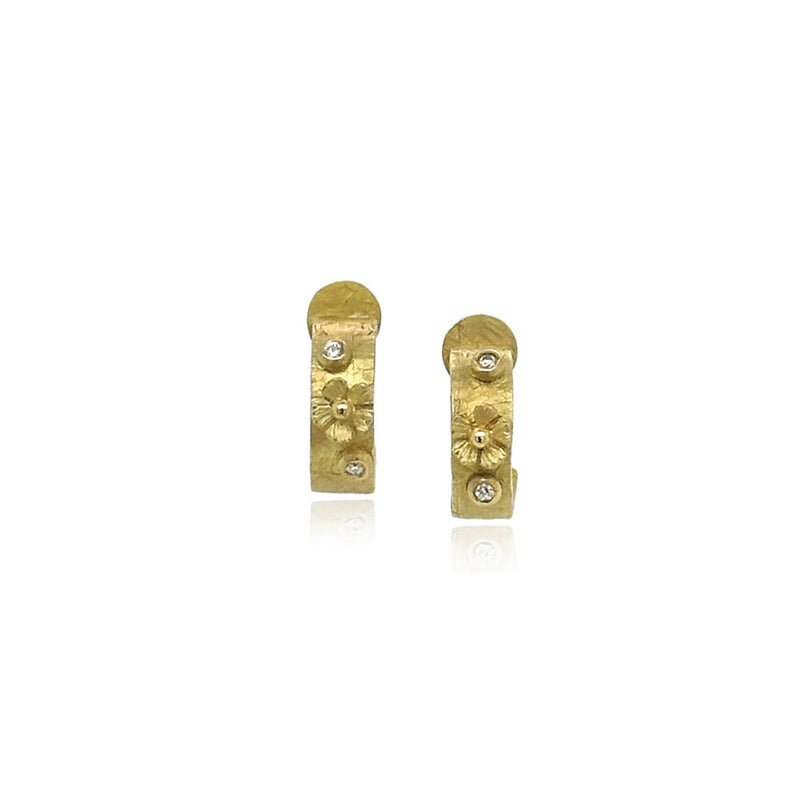 Half Round Post Hoop Earrings with Diamonds and Flowers