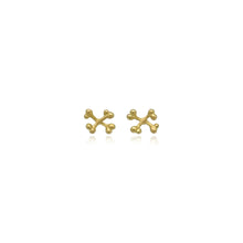Hand-formed 18k yellow gold crossbones stud earrings. Earrings are 5/16" in diameter (8mm).