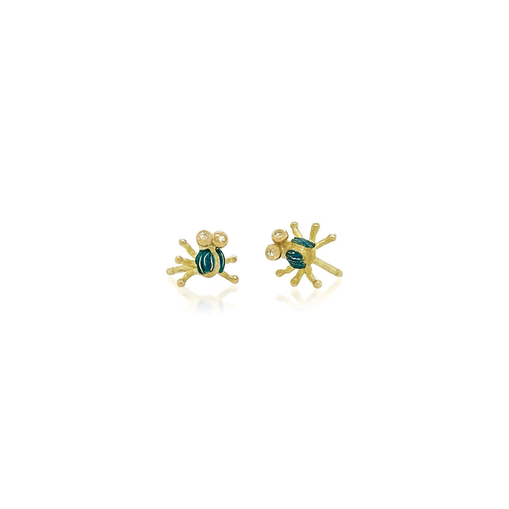 Tiny lady bug earrings, hand-fabricated in 18k yellow gold, white diamonds, 0.04cttw, cold blue enamel and post backs. Earrings are 5/16" in diameter (8mm).