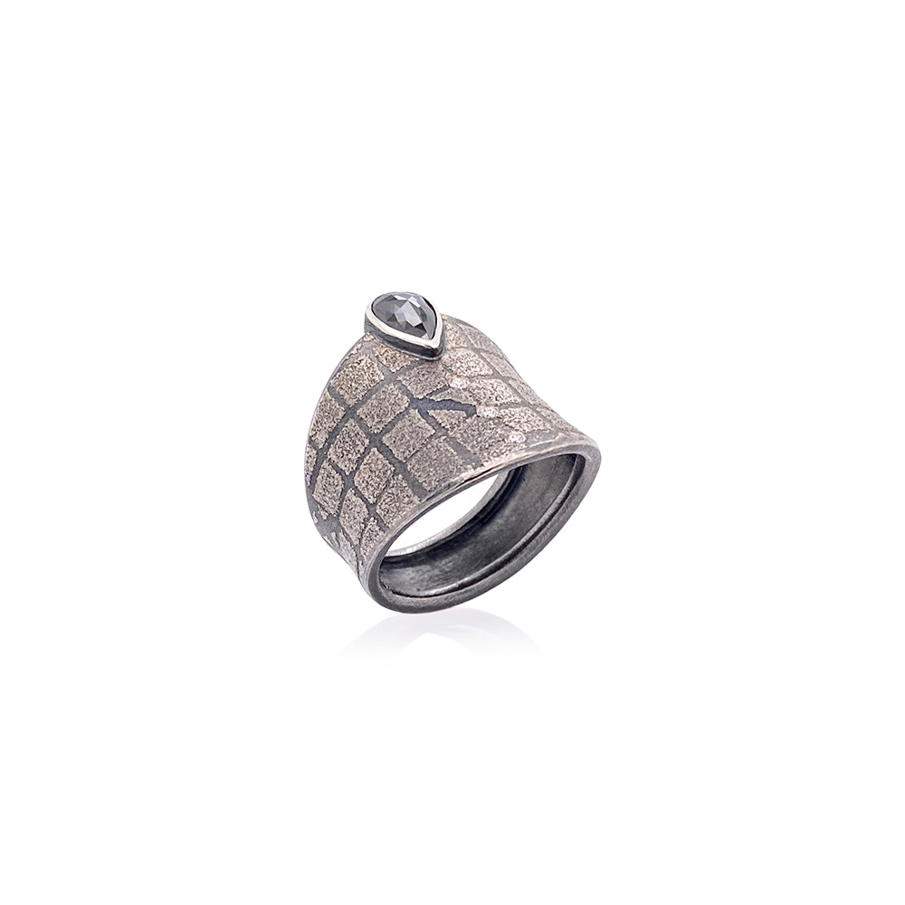 "Grid" Ring with Black and White Diamonds