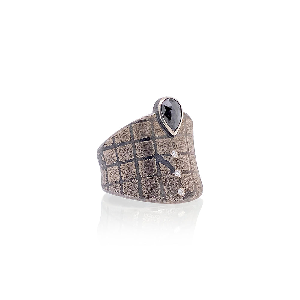 "Grid" Ring with Black and White Diamonds