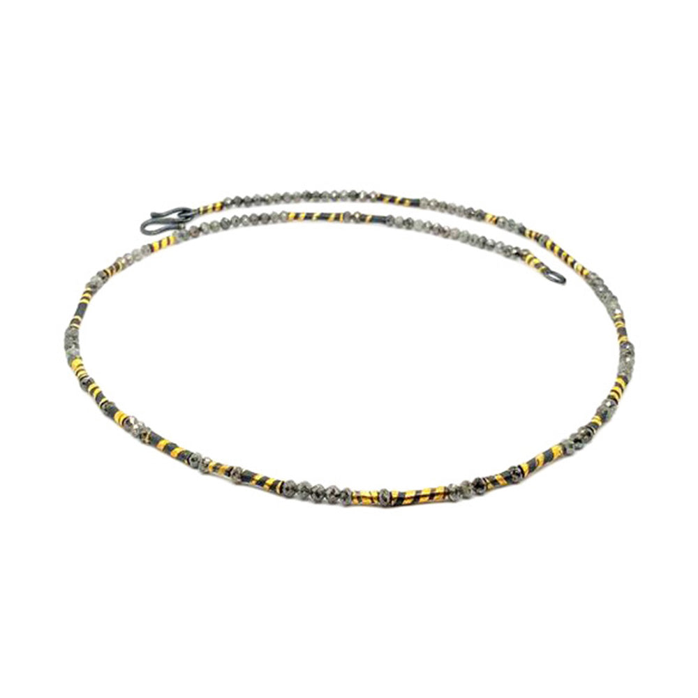 Gray diamond bead necklace, 15.28 cttw, with oxidized sterling silver and 18k yellow gold spacers. Necklace is 17.1" long.