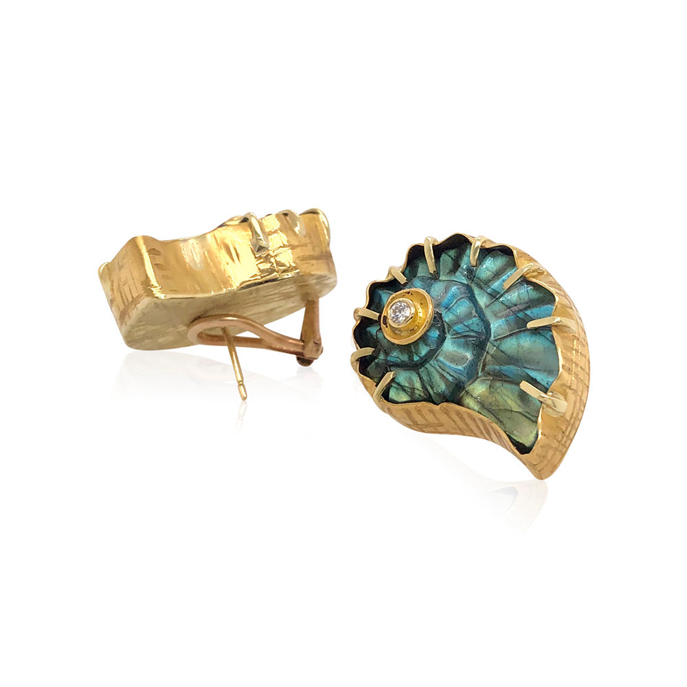 Carved Labradorite Nautilus Earrings with Diamonds In 18K and 22K