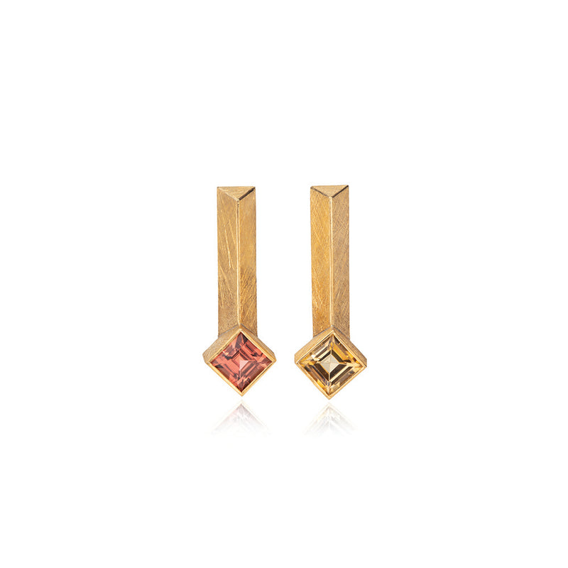 Square Dark Pink and Dark Yellow Tourmaline Earrings