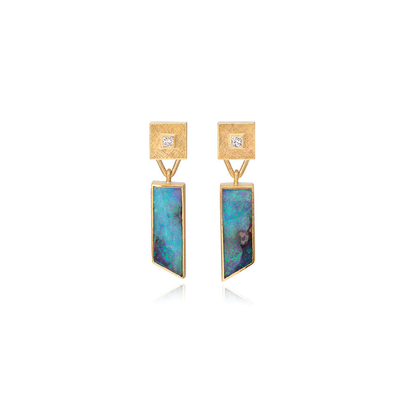 Trapezoid Boulder Opal Earrings with Diamond Tops