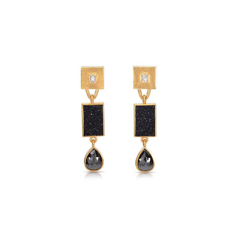 Diamond, Drusy and Black Diamond Drop Earrings