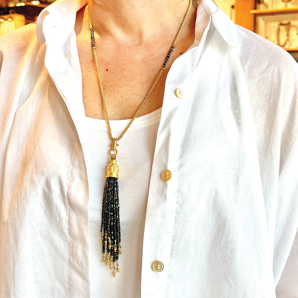 Black Diamond Tassel Necklace in 22K and 18K