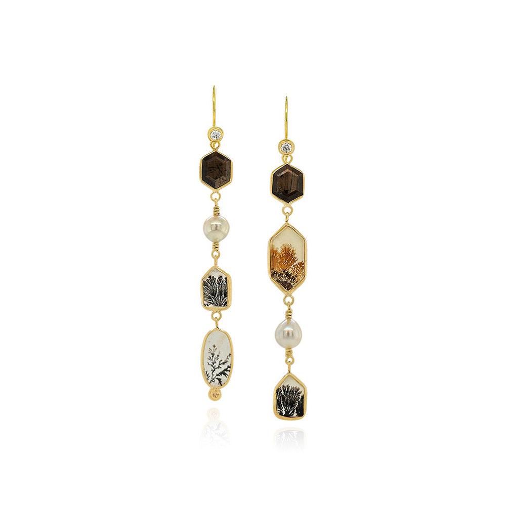 Dendritic agate, sapphire and South Seas pearl earrings