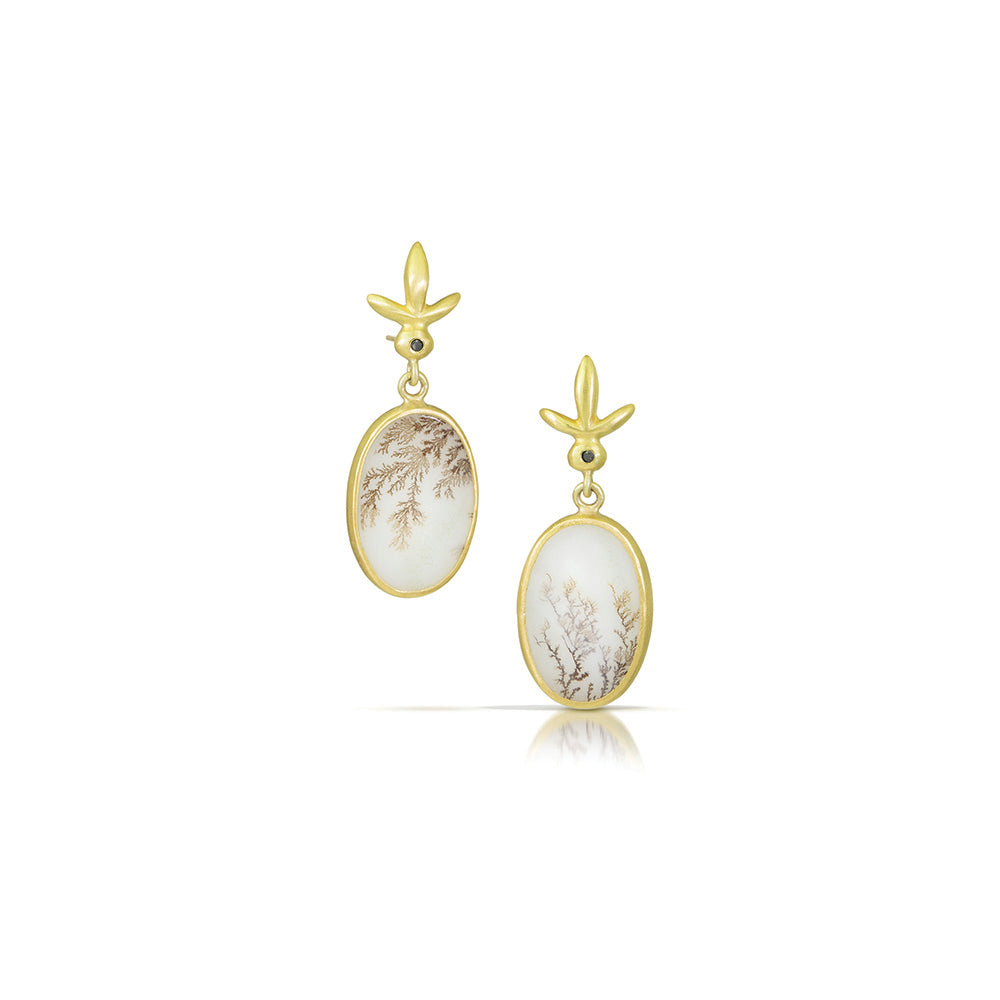 petite fleur earrings with dendritic agate and black diamonds