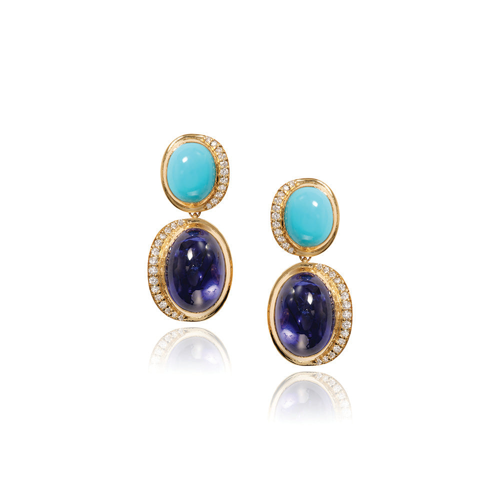 Aurora crescent drop earrings with round turquoise studs and Tanzanite drops, both with pavé-set diamonds on one side, 0.33 cttw., with a high polish. Earrings are 1 1/4" long x 9/16" wide (32 x 14mm).