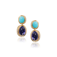 Aurora crescent drop earrings with round turquoise studs and Tanzanite drops, both with pavé-set diamonds on one side, 0.33 cttw., with a high polish. Earrings are 1 1/4" long x 9/16" wide (32 x 14mm).