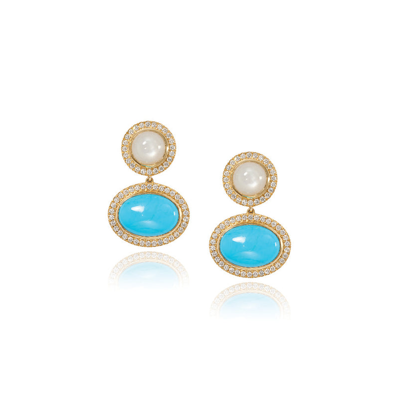 Aurora Earrings with White Moonstone, Turquoise, and Diamonds