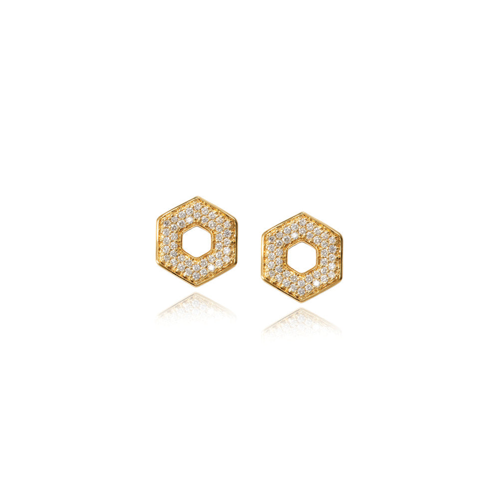18k yellow gold hexagon-shaped stud earrings with pavé-set diamonds, approximately .42cttw, in a polished finish.