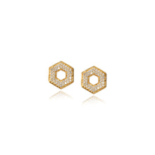 18k yellow gold hexagon-shaped stud earrings with pavé-set diamonds, approximately .42cttw, in a polished finish.