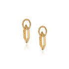 18k yellow gold infinity earrings with a circular post and an interlocking elongated hexagonal drop. Earrings are 1 1/4" long x 1/2" wide (32 x 12mm)