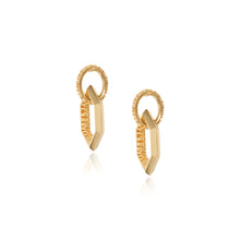 18k yellow gold infinity earrings with a circular post and an interlocking elongated hexagonal drop. Earrings are 1 1/4" long x 1/2" wide (32 x 12mm)