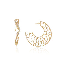 Large canyon hoop stud earrings in 18k yellow gold with pavé-set diamonds, 1.5 cttw, on the face of the earrings with post backs. Earrings are 1 7/8" diameter (48mm).