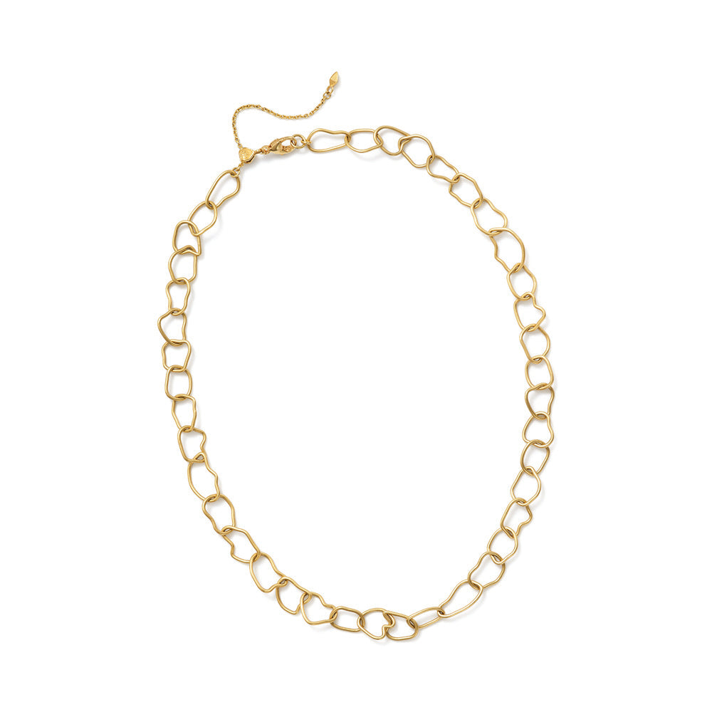 18k yellow gold free-form chain link necklace, with a silk finish and a lobster clasp. Necklace is 3/8" wide (10mm) and is adjustable (16-18").