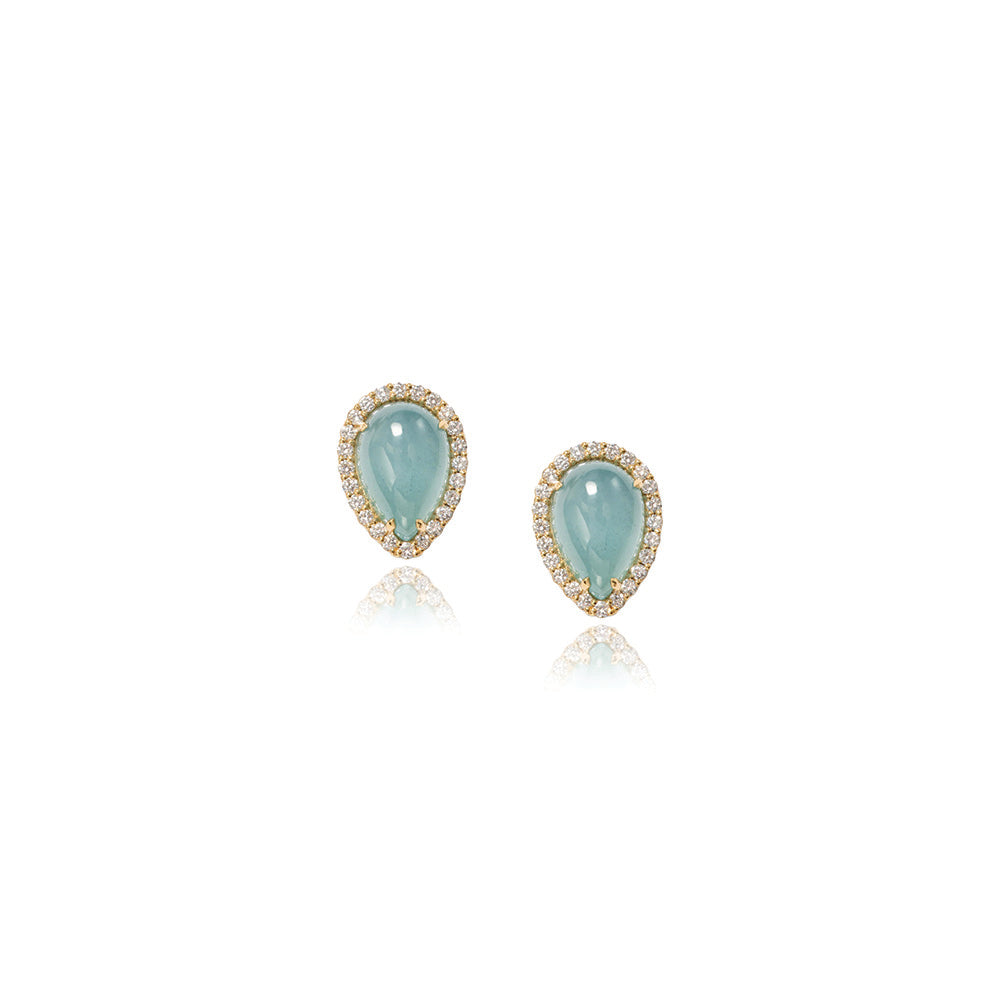 18k yellow gold teardrop-shaped aquamarines, 12x8mm, haloed by pavé-set diamonds, approximately .48cttw, in a polished finish.