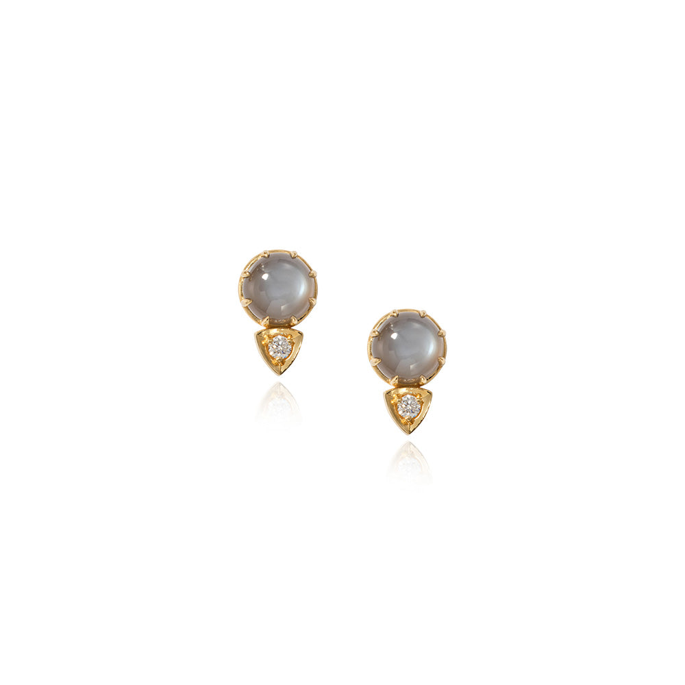 Ellis stud earrings in 18k yellow gold with a round grey moonstone and trillion shaped pavé-set diamond accent, 0.12 cttw. Moon stone is 8mm and earrings are 9/16" long x 3/8" wide (14 x 10mm).
