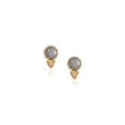 Ellis stud earrings in 18k yellow gold with a round grey moonstone and trillion shaped pavé-set diamond accent, 0.12 cttw. Moon stone is 8mm and earrings are 9/16" long x 3/8" wide (14 x 10mm).