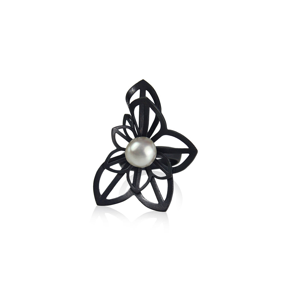 Double Anise Fold Origami Ring, in Oxidized Sterling Silver with Freshwater Pearl