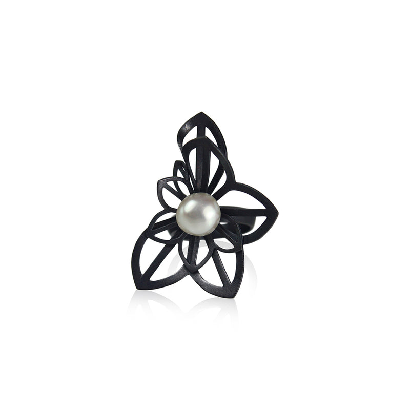 Double Anise Fold Origami Ring, in Oxidized Sterling Silver with Freshwater Pearl