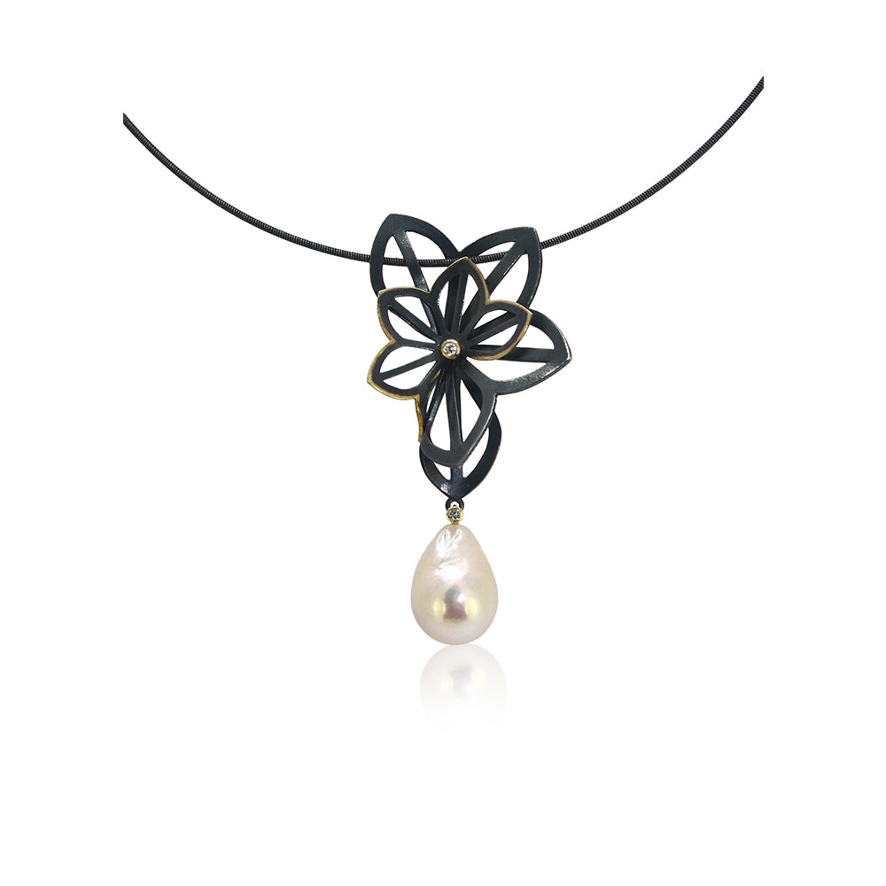 Anise Wing Pendant with Baroque Golden Chinese Freshwater Pearl, 18Ky Gold, Diamond on Sterling Cable.