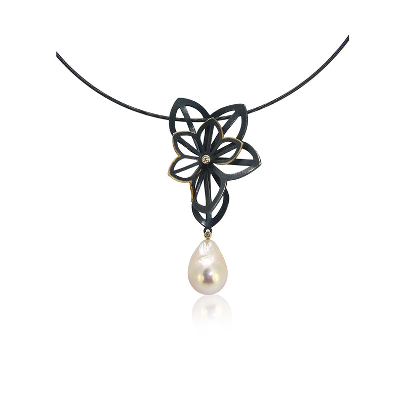 Anise Wing Pendant with Baroque Golden Chinese Freshwater Pearl, 18Ky Gold, Diamond on Sterling Cable.
