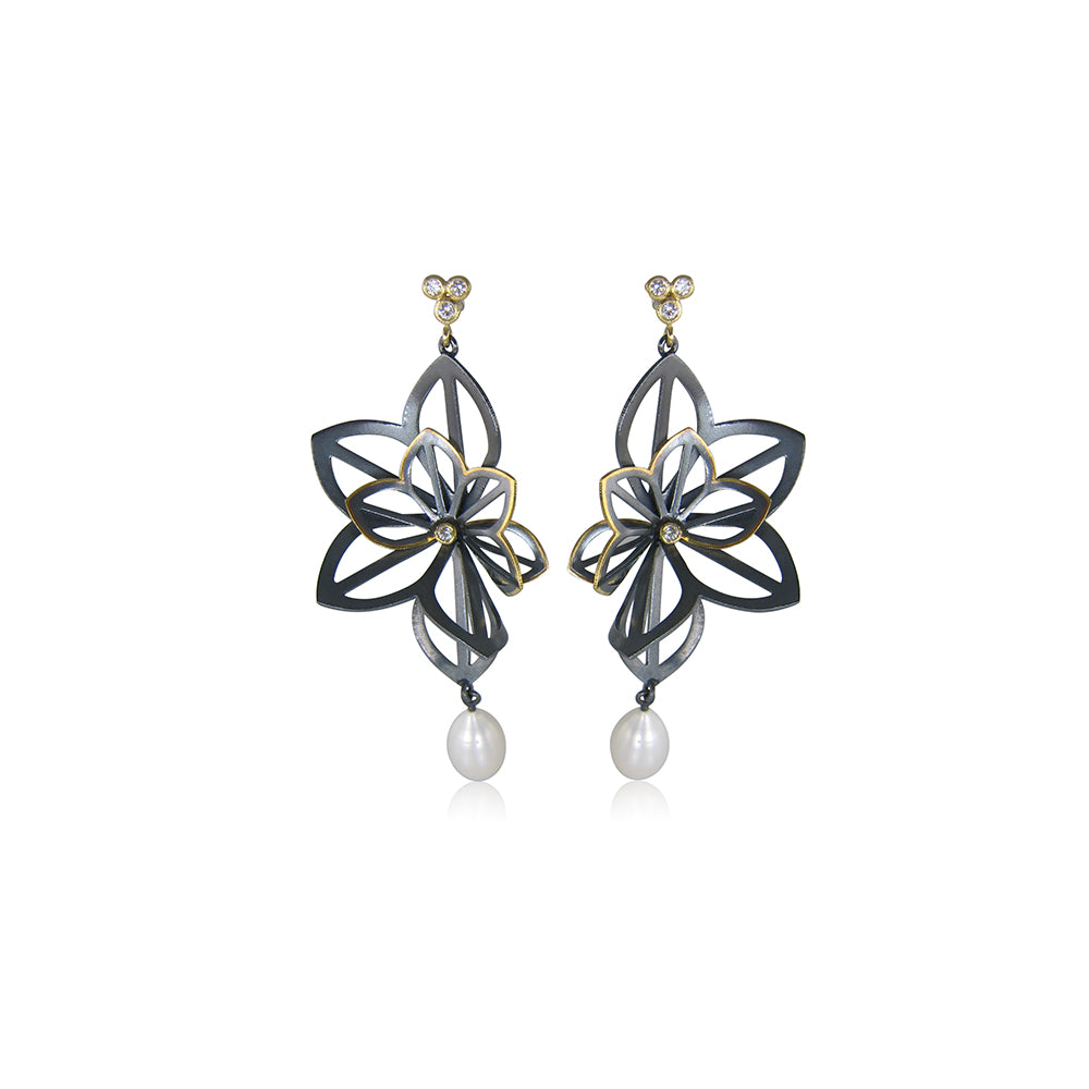 Kirigami Fan Post Earrings with Chinese Fresh Water Pearl Drops.  Oxidized Sterling Silver, 18Ky, Diamonds