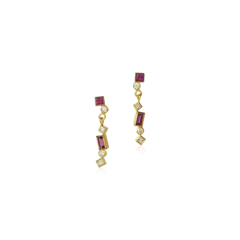 "Confetti" Hinged Earrings with Diamonds and Grape Garnets
