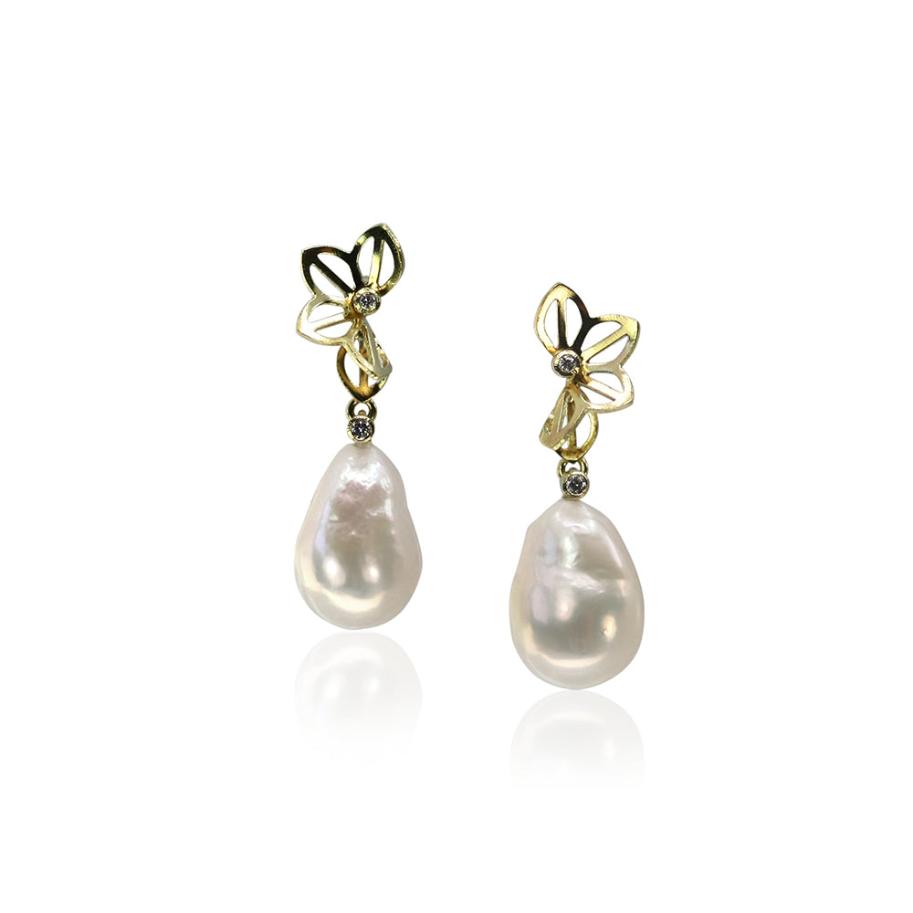 Anise Wing Pearl Earrings, in 18K with  Baroque Golden Chinese Freshwater Pearls and Diamonds