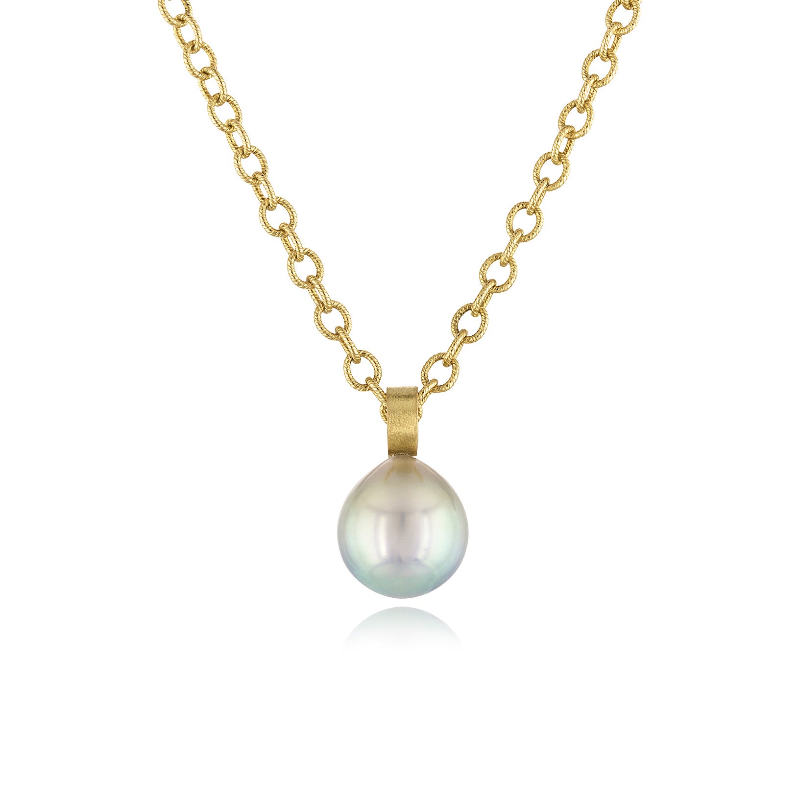 South Seas light green keshi pearl pendant with a handmade 22k bail on a 16" 14k yellow gold bead chain. Pendant is 10.7 x 16.3mm.