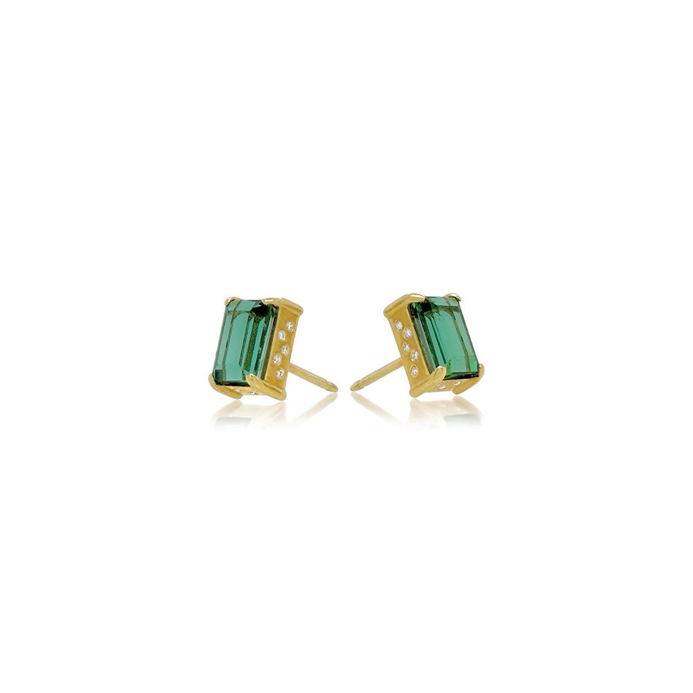 emerald cut tourmaline earrings with diamond in bezel