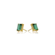 emerald cut tourmaline earrings with diamond in bezel