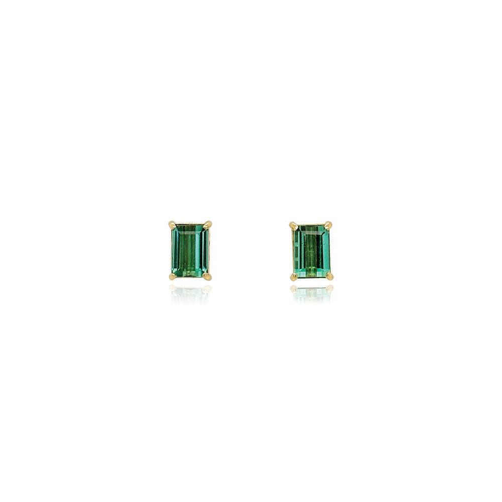 Emerald Cut Green Tourmaline Studs with Diamonds in Bezel