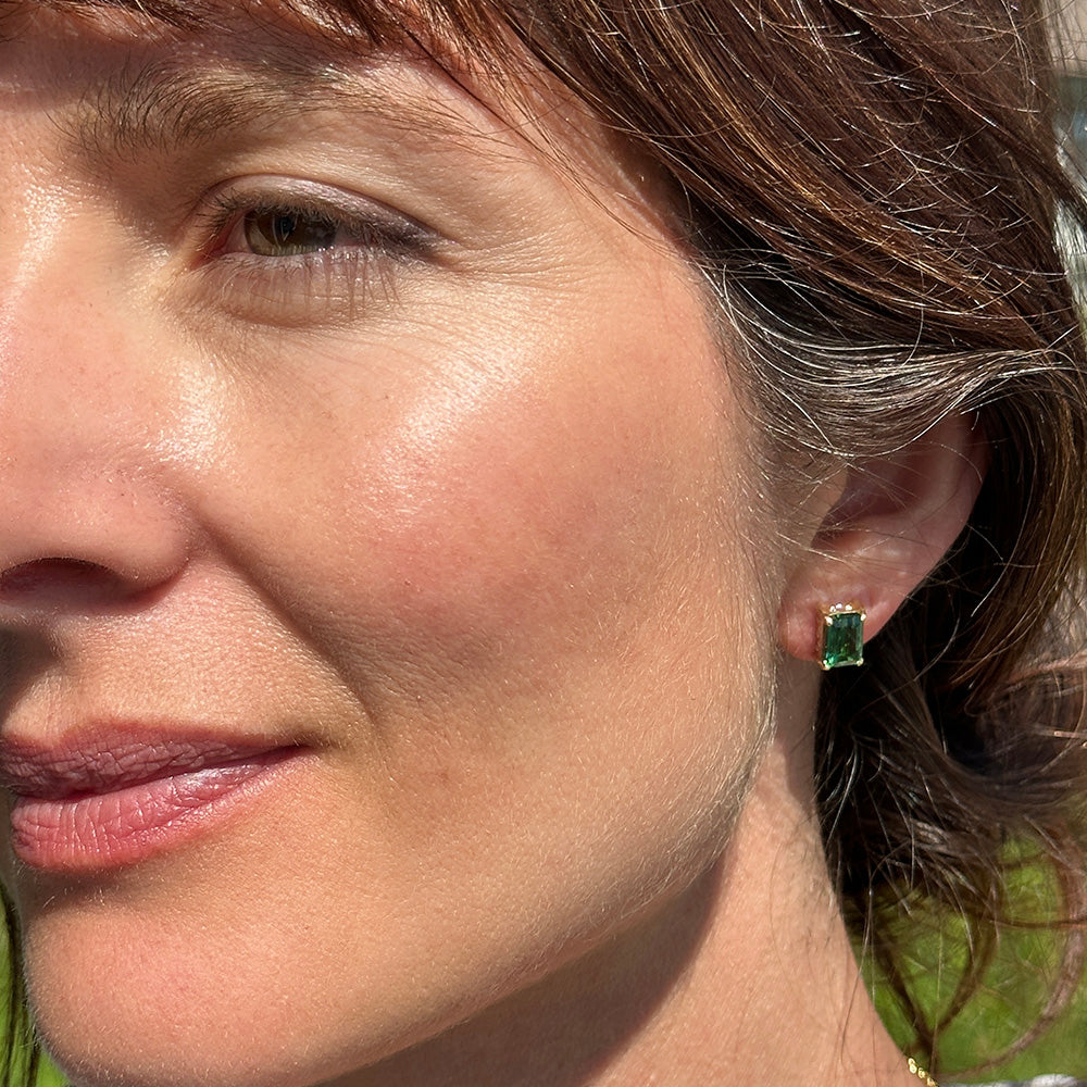 Emerald Cut Green Tourmaline Studs with Diamonds in Bezel