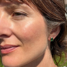 Emerald Cut Green Tourmaline Studs with Diamonds in Bezel