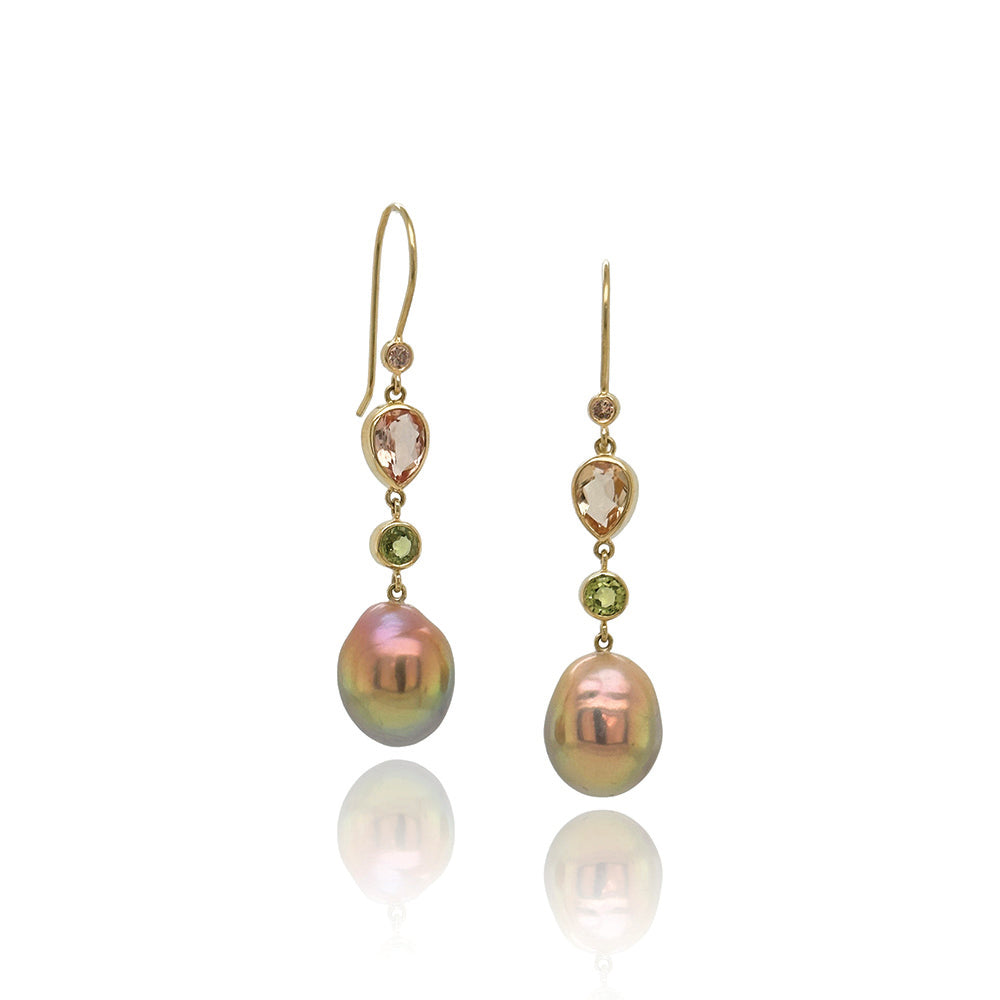 imperial topaz, green sapphire, champagne diamond and pink peacock fresh water pearl earrings