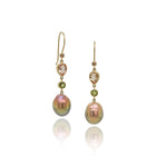 imperial topaz, green sapphire, champagne diamond and pink peacock fresh water pearl earrings