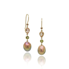 imperial topaz, green sapphire, champagne diamond and pink peacock fresh water pearl earrings