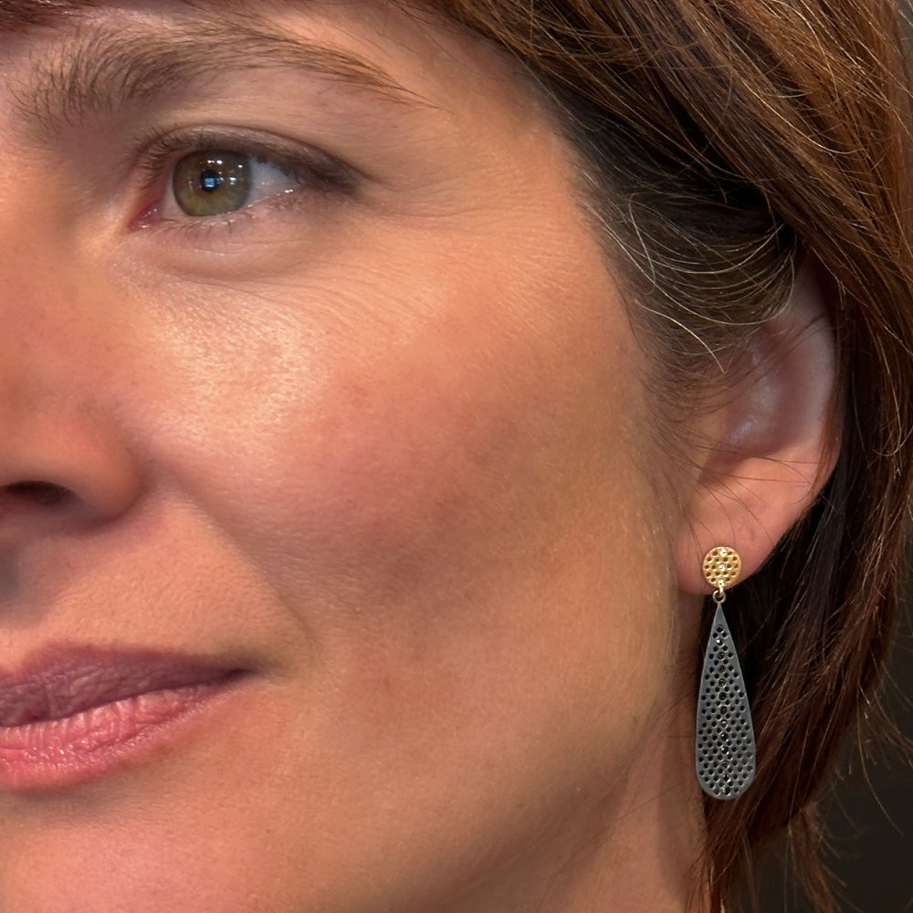 "Prelude" Teardrop Earrings with Black Diamonds in 18K Gold and Oxidized Sterling Silver