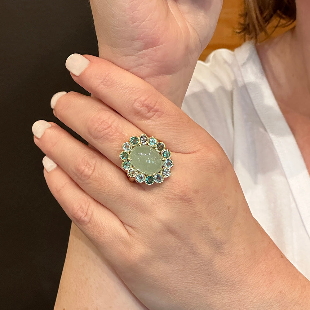 "Blossom Ring" with Aquamarine and Tourmaline Surround