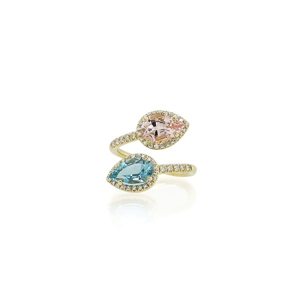 Diya ring with aquamarine, morgnanite and diamonds
