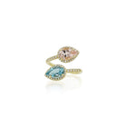 Diya ring with aquamarine, morgnanite and diamonds