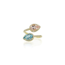 Diya ring with aquamarine, morgnanite and diamonds