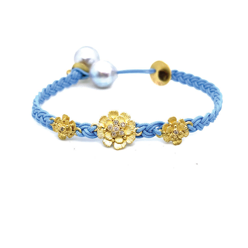 Sky Blue Woven Bracelet with 18K Gold Flowers and Tahitian Pearls