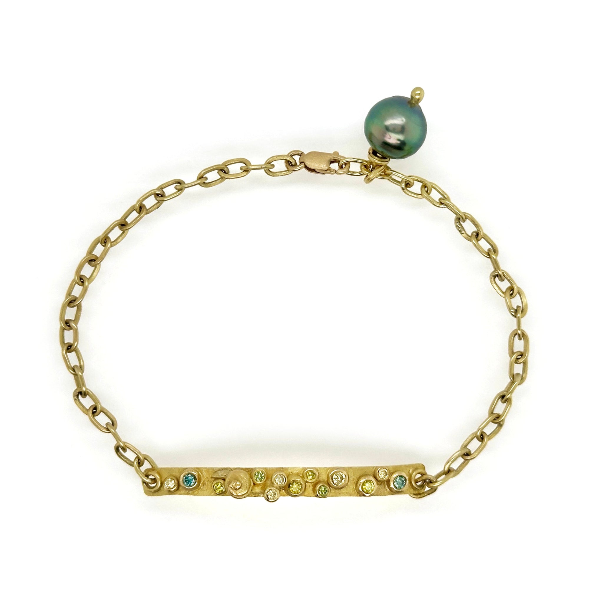 Bar Bracelet with Colored Diamonds and Tahitian Pearl