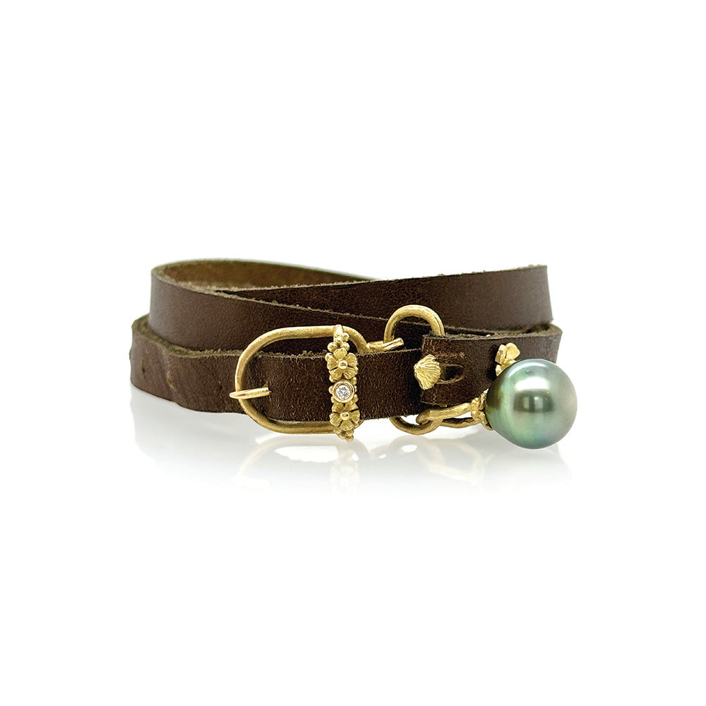 wrap bracelet with Tahitian pearl, gold buckle and floral components
